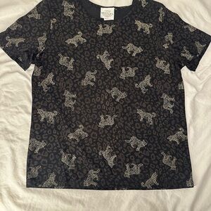 Vintage Bentley Y2k Black Shirt w/ Leopard Print Short Sleeve Gold sparkle Large